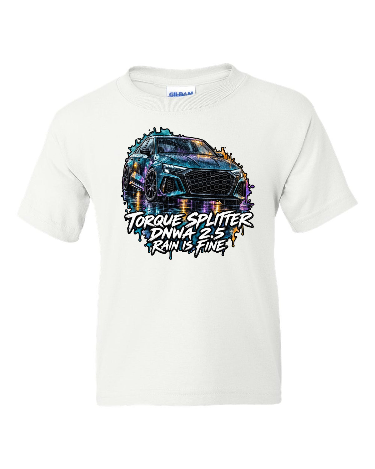 Watercolour wash print of an Audi RS3 8Y with Rain Is Fine lettering white kids tee front view with the design