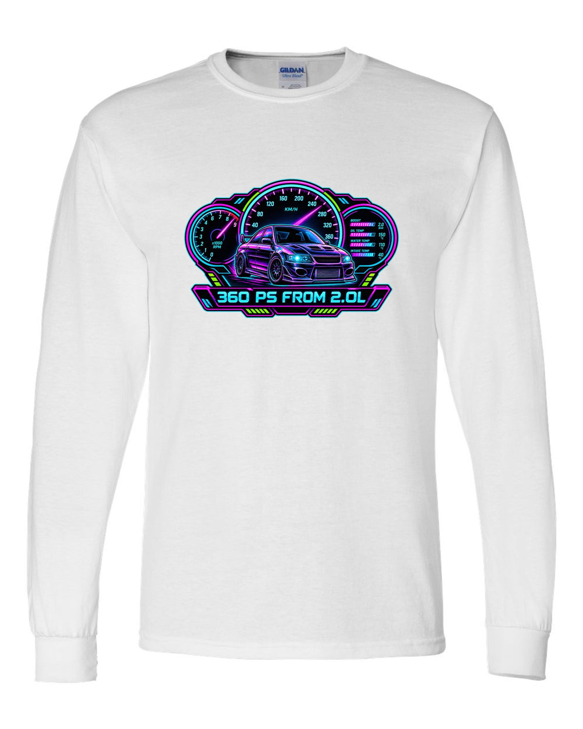 Neon cyberpunk gauge cluster print for the Mitsubishi Evo IX CT9A with 360 PS from 2.0L text white long sleeve front view with the design