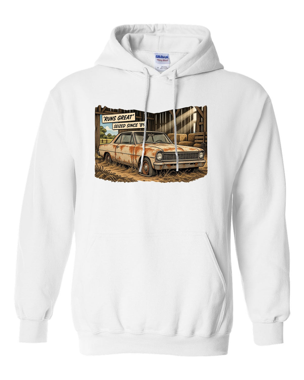 Synthwave print of a 1971 Chevelle SS 454 taillights with the text Runs Great, Seized Since '89 white pull over hoodie front view with the design
