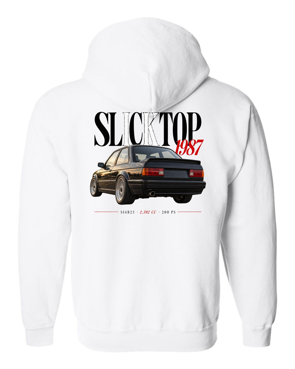 BMW E30 M3 Slicktop 1987 editorial headline print with S14B23 spec text white zip hoodie back view with the design