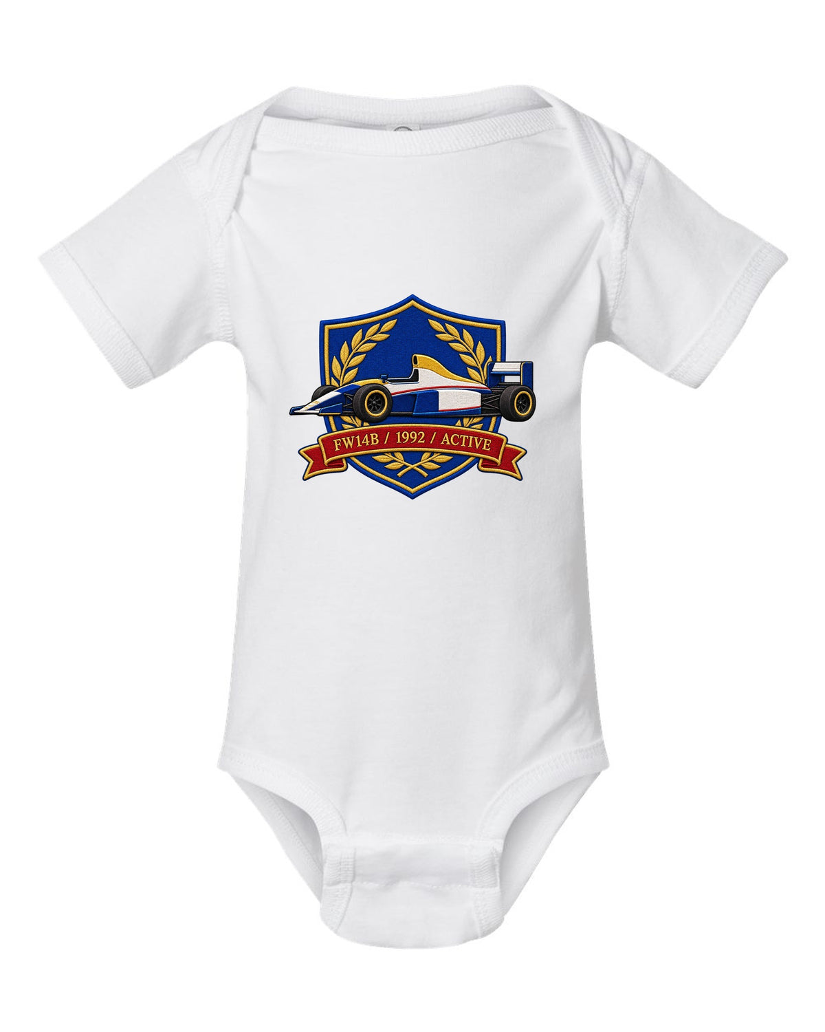 Varsity crest style Williams FW14B Formula 1 car with 1992 ACTIVE lettering white baby onesie front view with the design