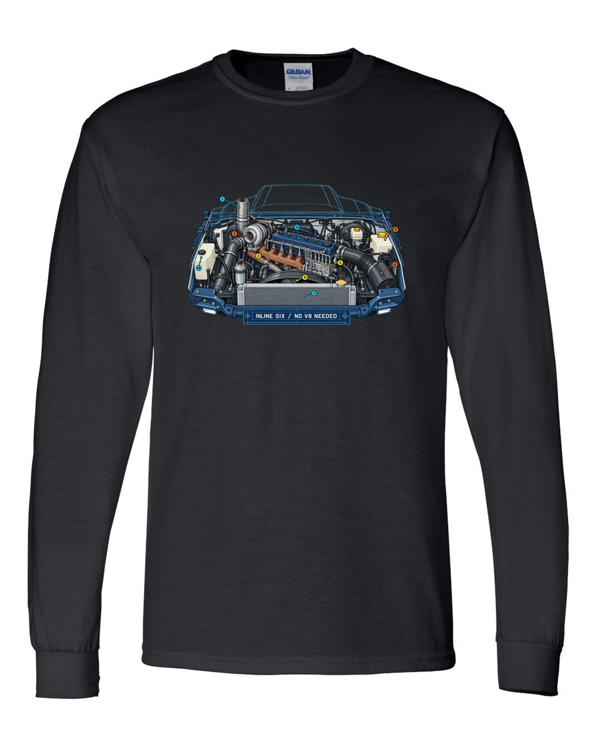 Blueprint-style print of a 1994-1998 Dodge Ram 2nd gen 5.9 inline-six diesel engine bay black long sleeve front view with the design