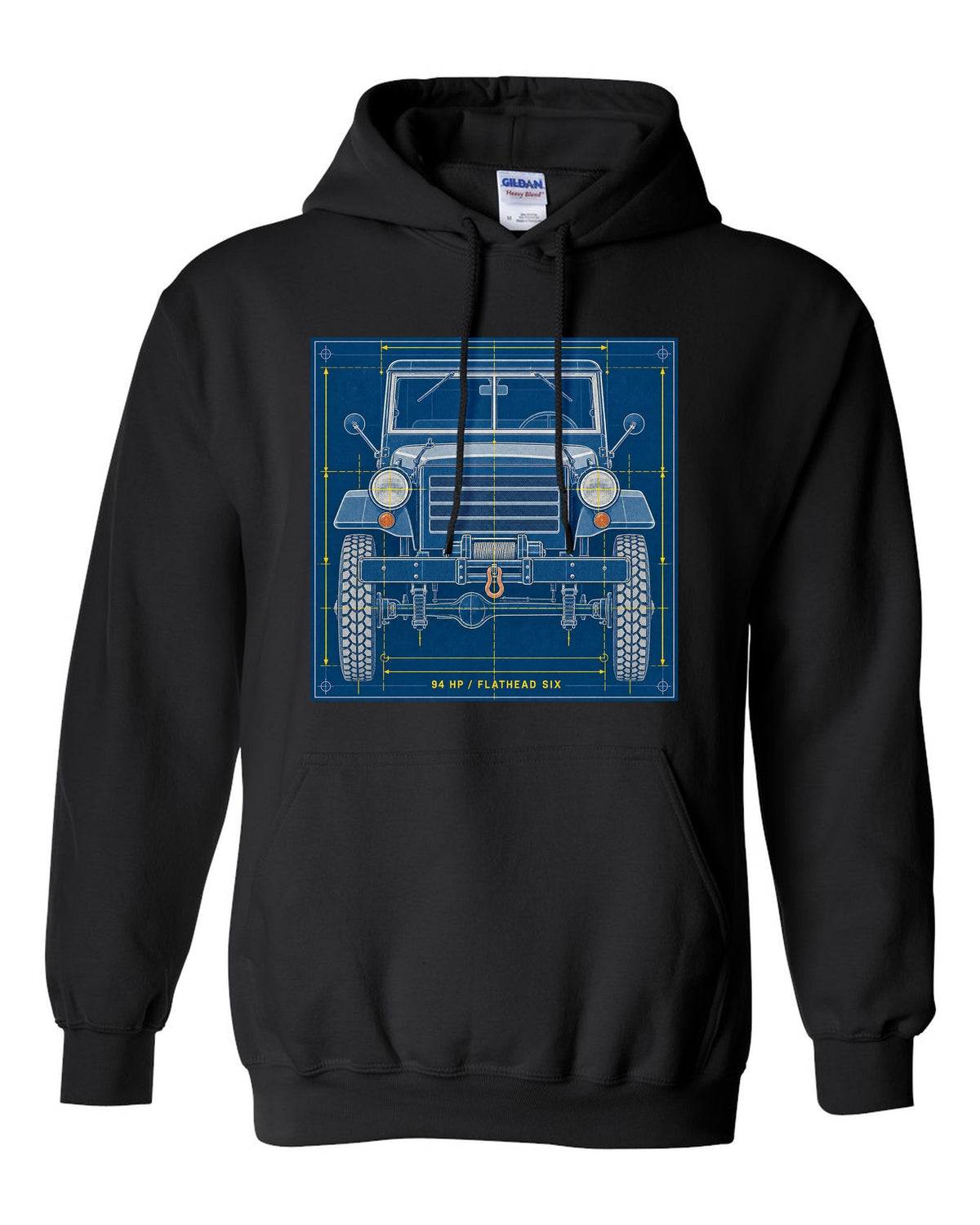 Cyanotype negative-style print of a Dodge Power Wagon WM300 grille with 94 HP flathead six text black pull over hoodie front view with the design