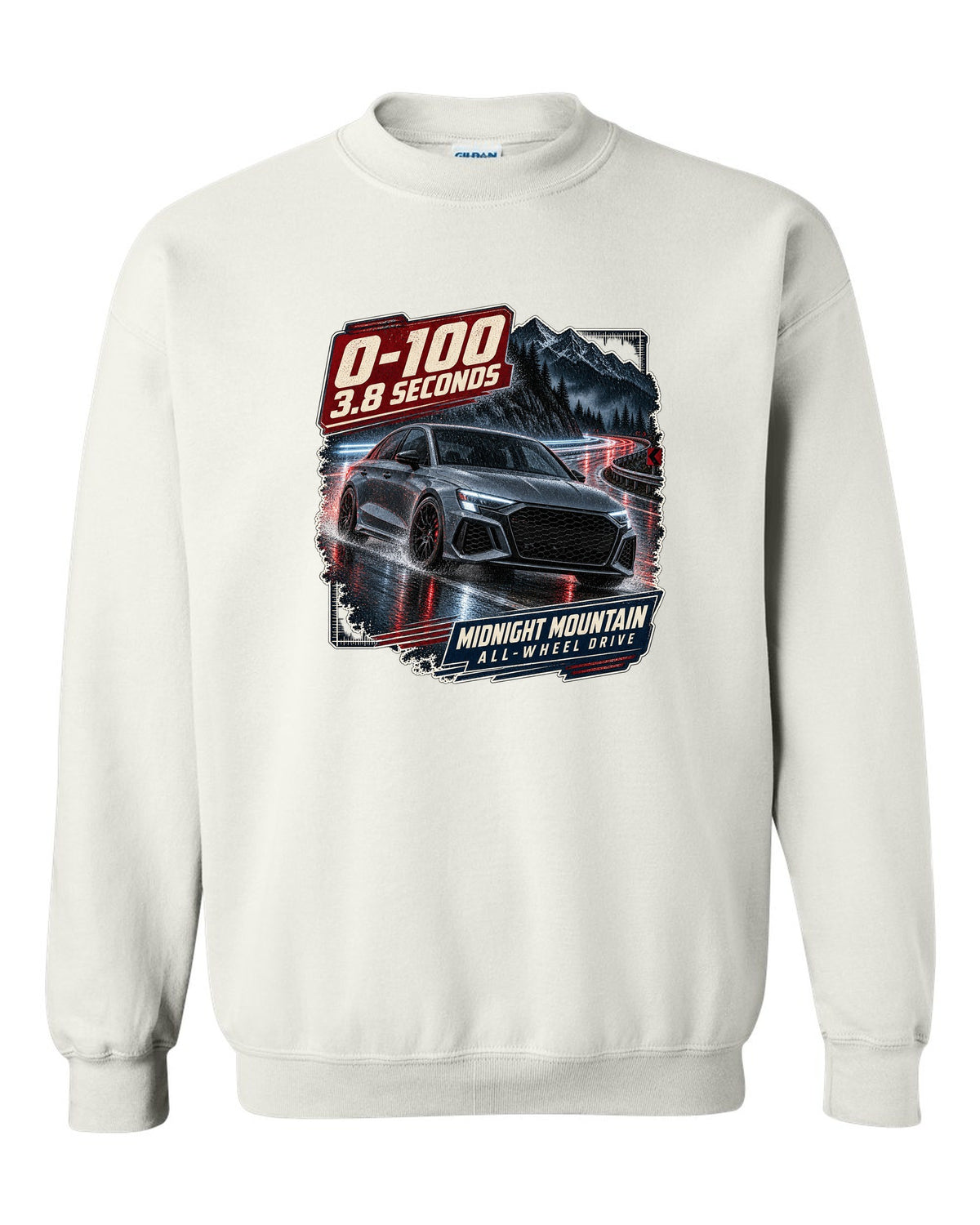 Audi RS3 8Y sedan on a night mountain road with 0-100 caption white crewneck front view with the design