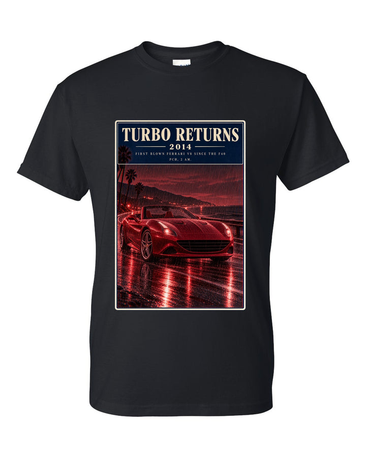 Red monochrome night street print of the Ferrari California T black t-shirt front view with the design