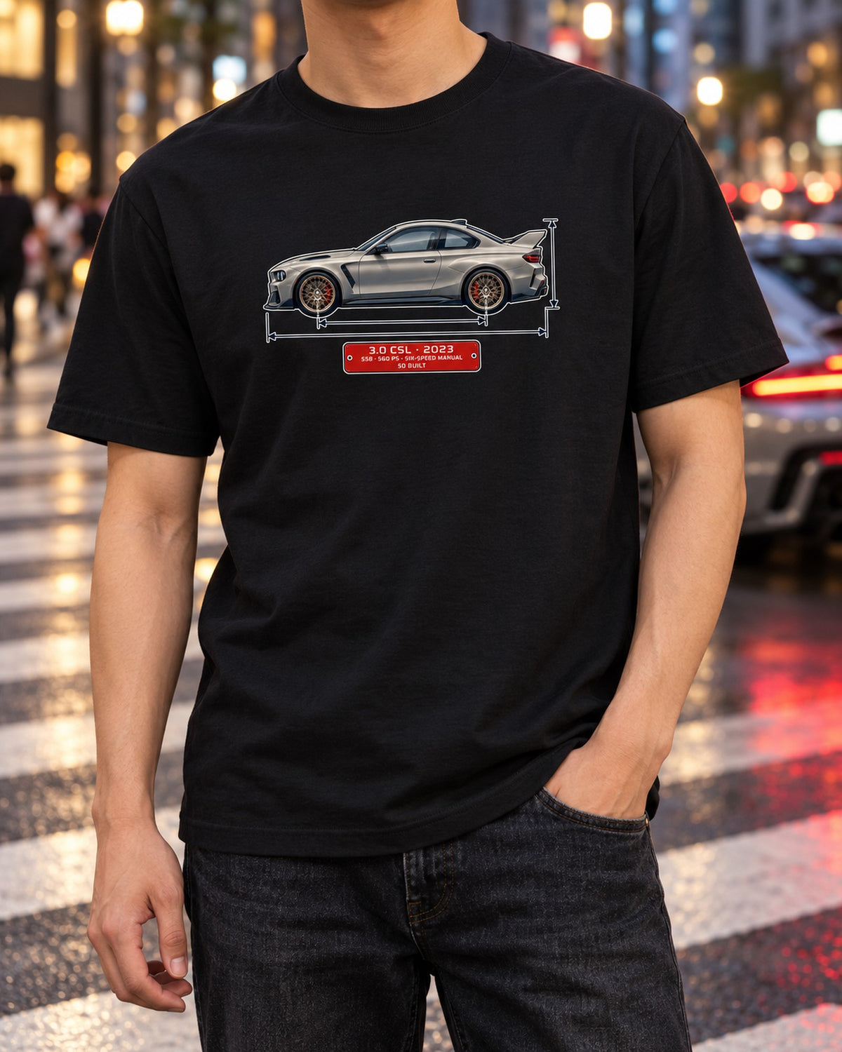 BMW 3.0 CSL 2023 Dimension Blueprint Shirt, S58 Tee T-Shirt Black worn hero