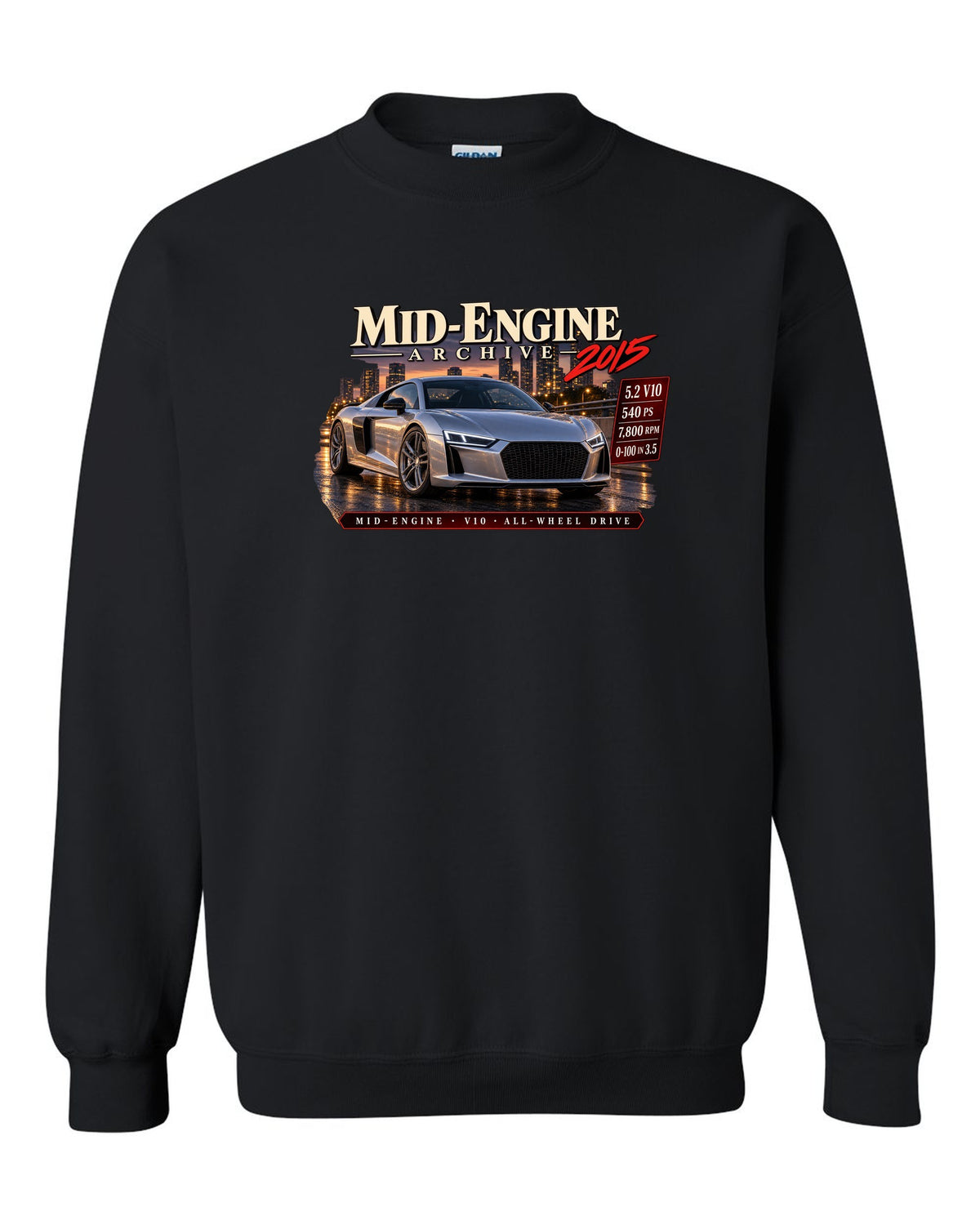 Audi R8 Type 4S V10 front three-quarter in archive panel with 540 PS text black crewneck front view with the design