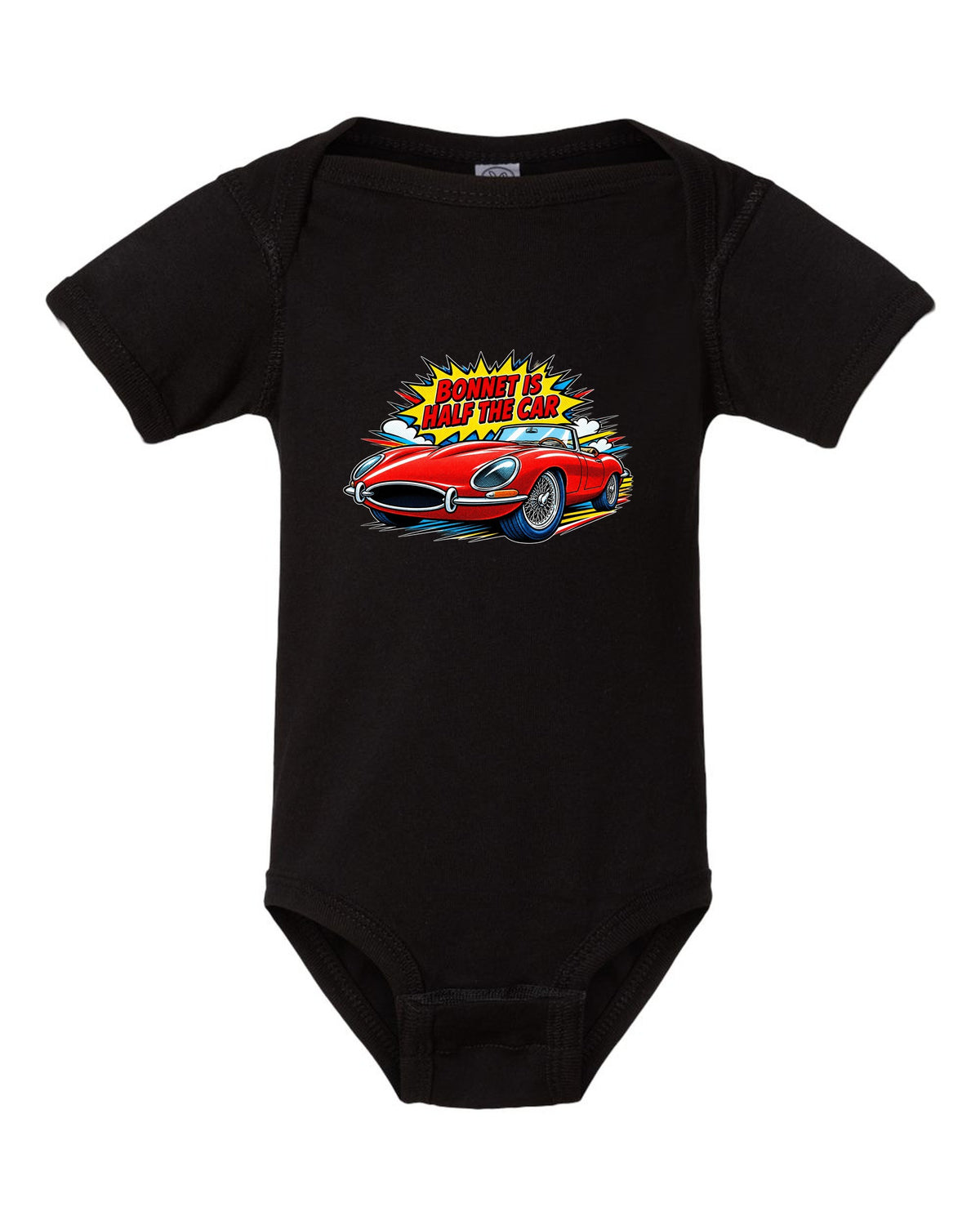 Comic halftone pop art print of a 1961 Jaguar E-Type Series 1 with bonnet is half the car lettering black baby onesie front view with the design