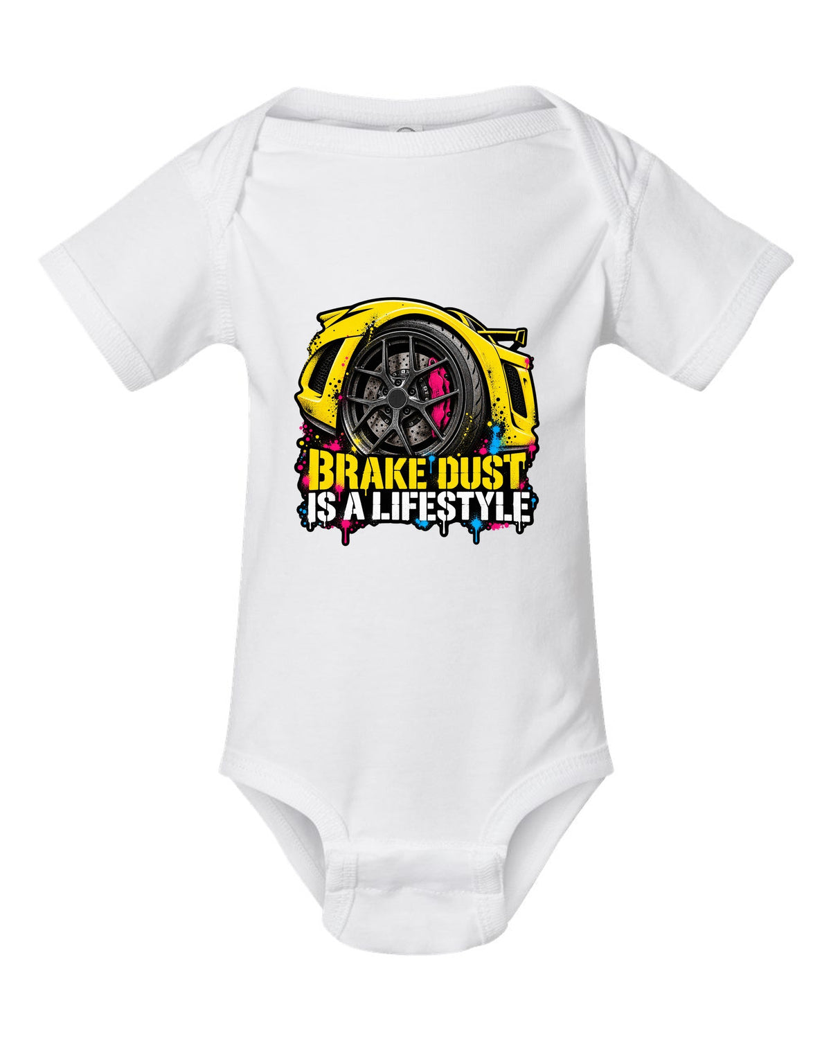 Lotus Exige stencil spray street art with BRAKE DUST IS A LIFESTYLE lettering white baby onesie front view with the design