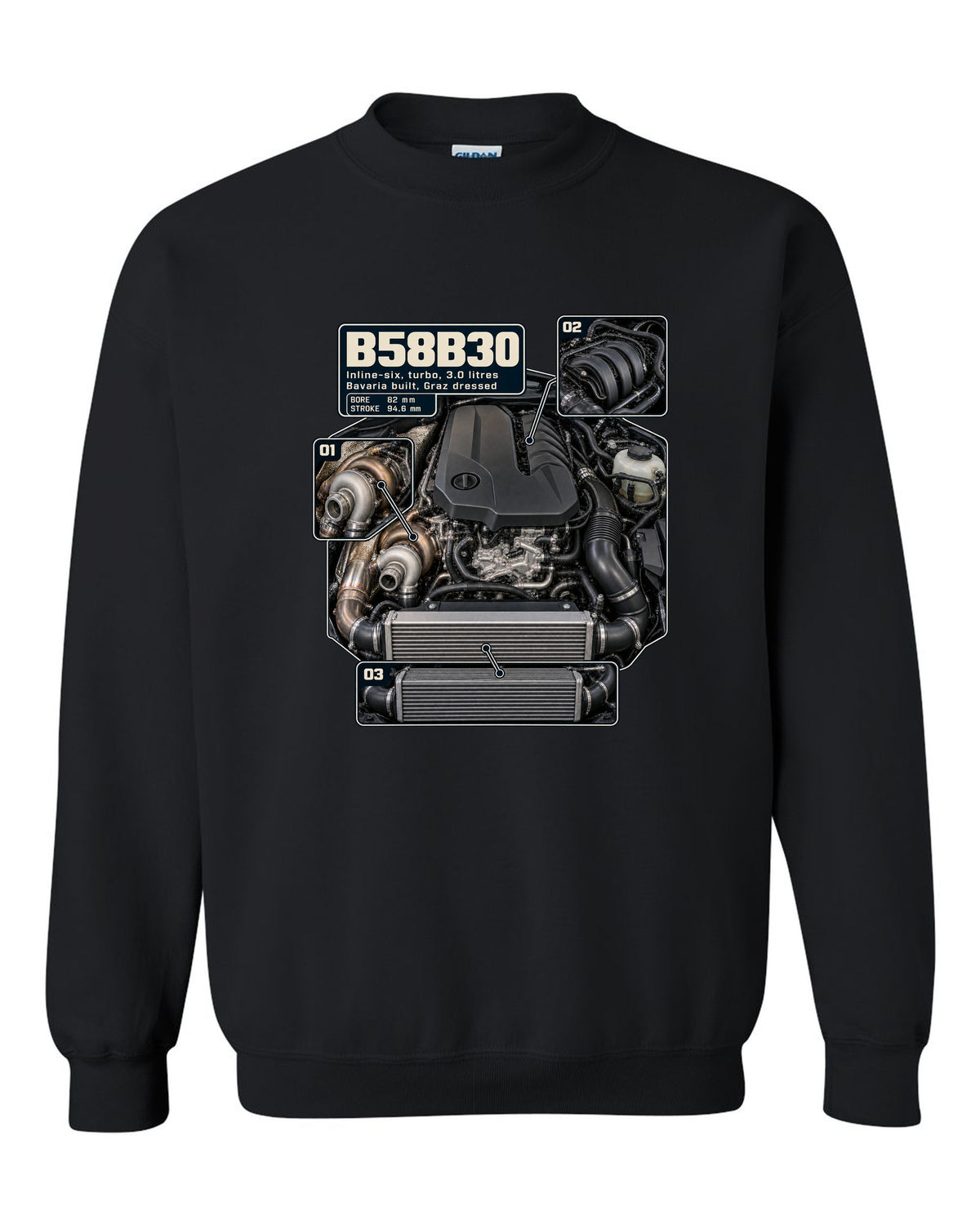 Engine hero print of the BMW B58B30 inline-six from the Z4 M40i black crewneck front view with the design