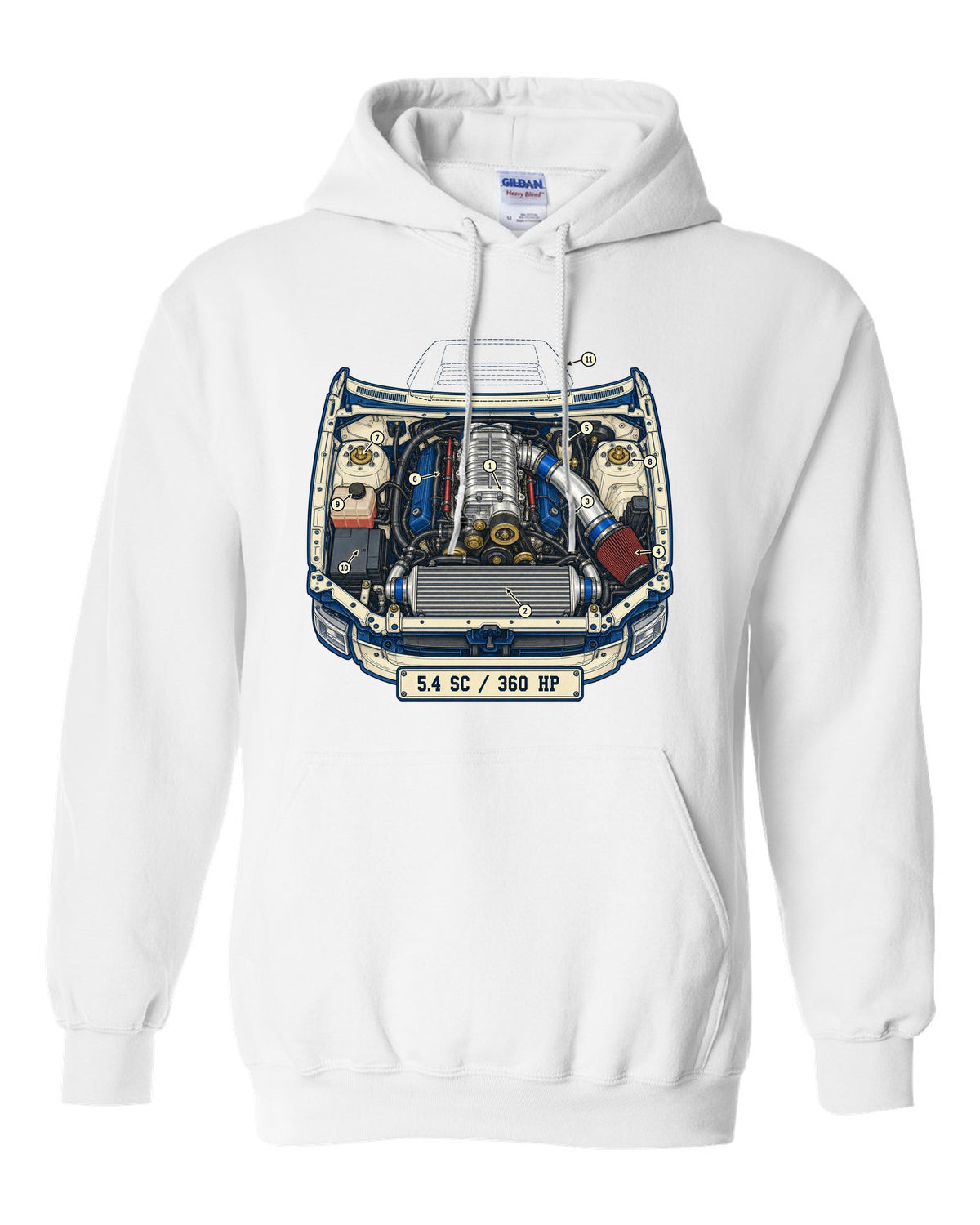 Ford F-150 SVT Lightning second generation as a patent-style technical drawing white pull over hoodie front view with the design