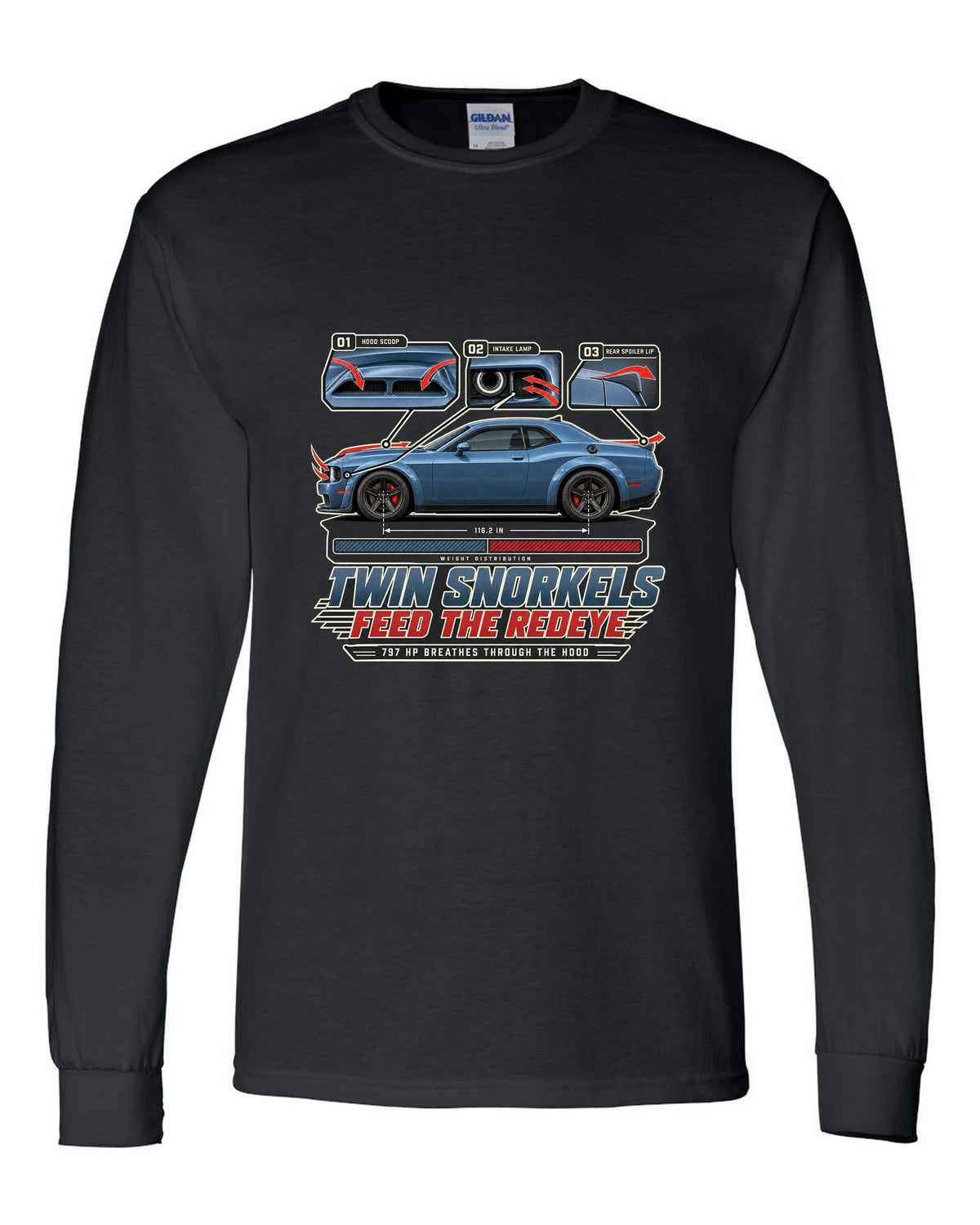 Dodge Challenger Hellcat Redeye Widebody aero callouts showing twin hood snorkels black long sleeve front view with the design