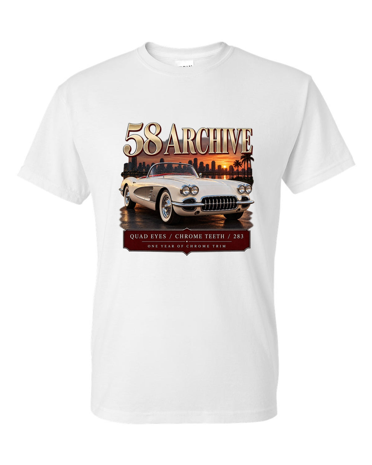 Chevrolet Corvette C1 1958 convertible archive panel print with quad headlights white t-shirt front view with the design