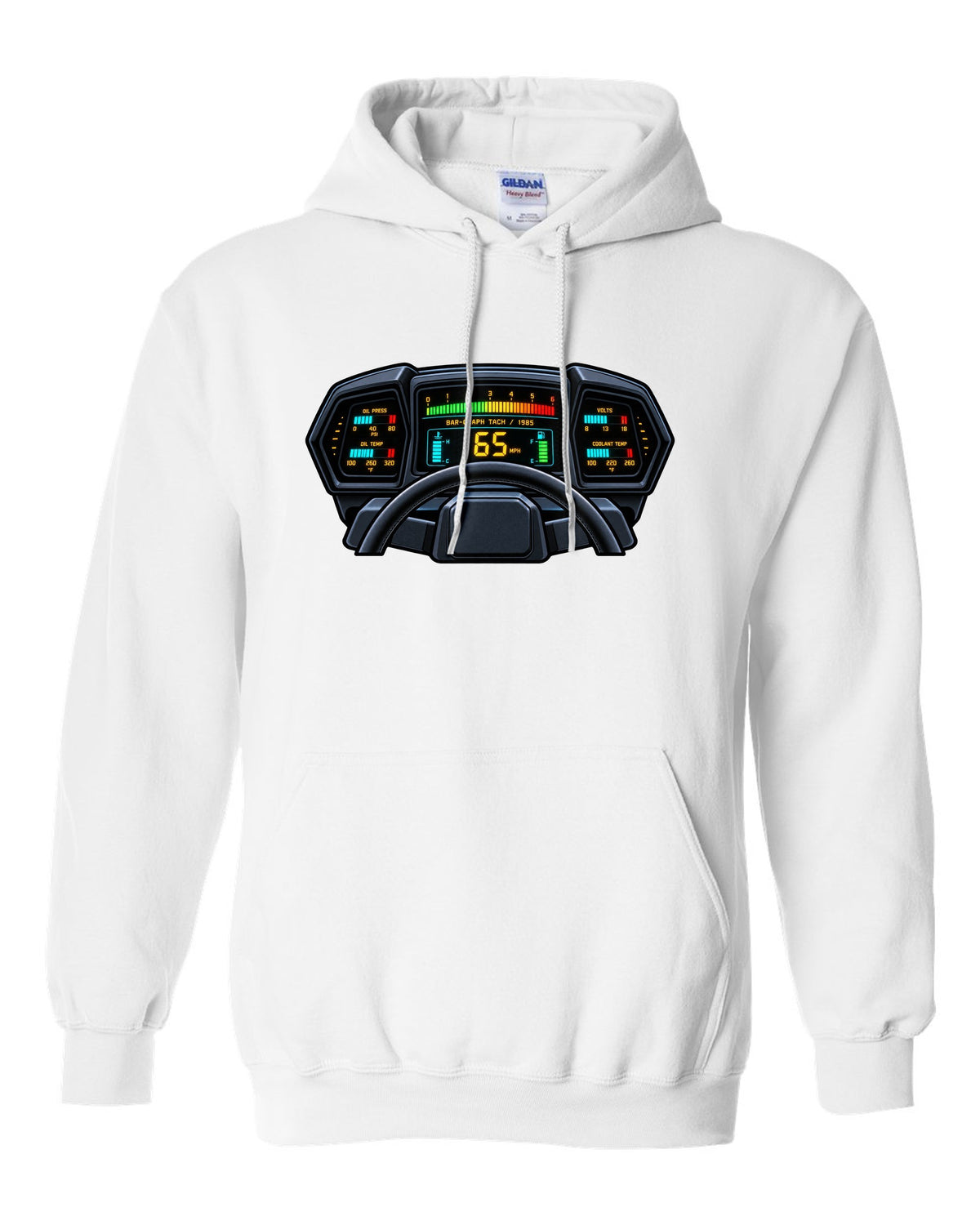 Gauge cluster HUD style print of a 1985 Chevrolet Corvette C4 digital dash with bar-graph tach white pull over hoodie front view with the design