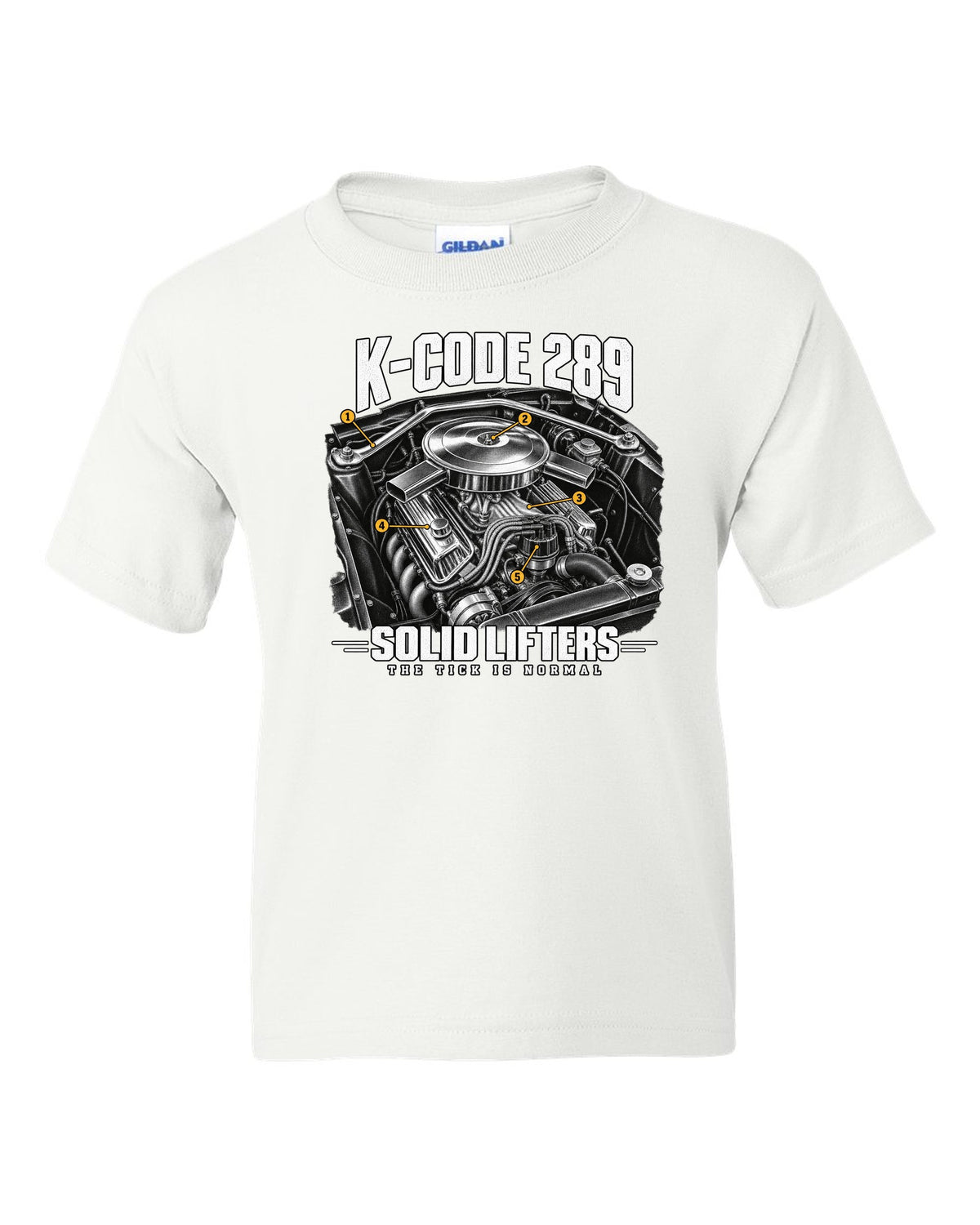 Engine illustration of a 1965 Ford Mustang K-code 289 V8 with solid lifter callouts white kids tee front view with the design