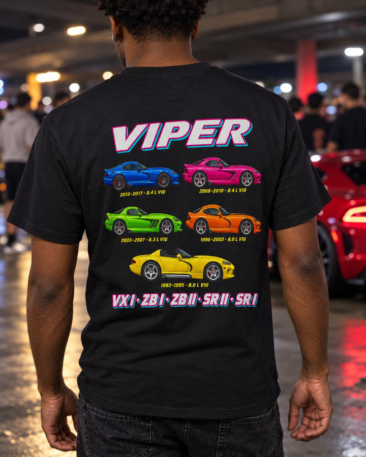 Dodge Viper Evolution Poster Full-Back Graphic Tee T-Shirt Black worn hero