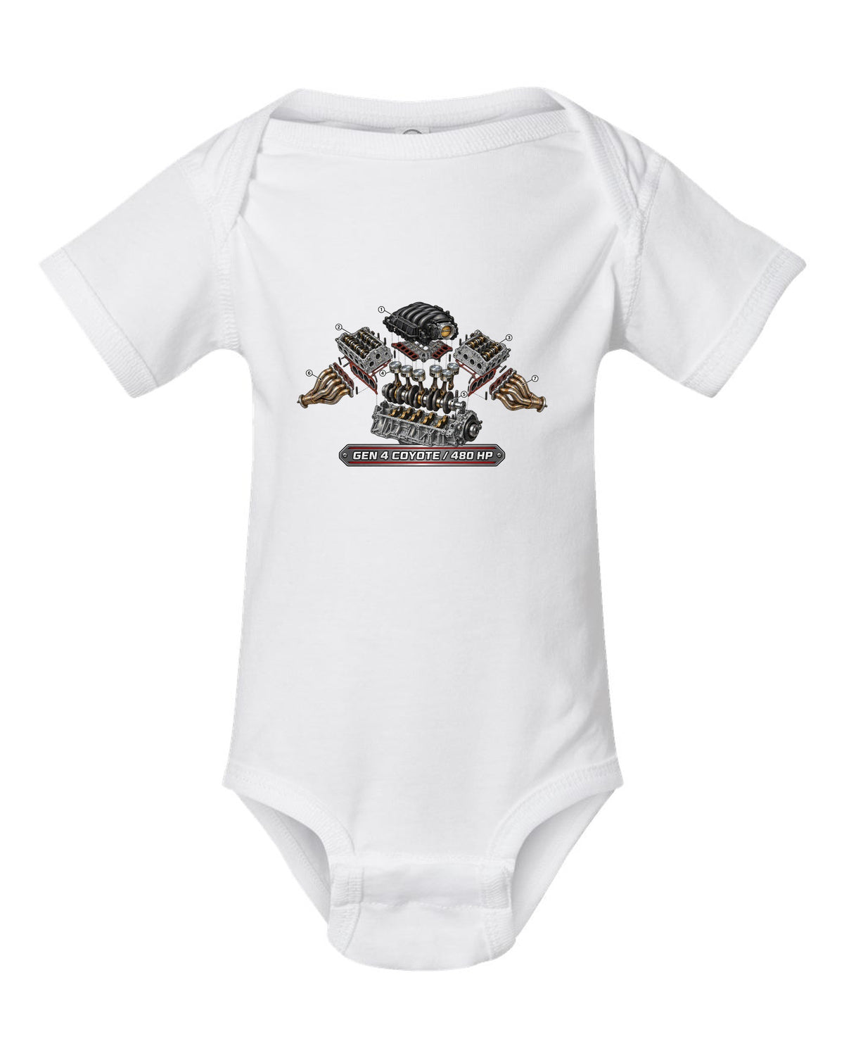 Isometric exploded cutaway engine print of a 2024 S650 Mustang 5.0 Gen 4 Coyote V8 white baby onesie front view with the design
