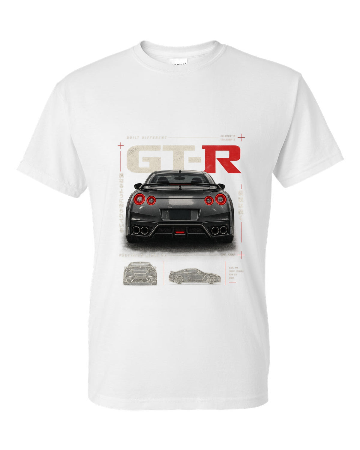 Toyota GR Supra A90 dimension blueprint in warm graphite grey with B58 spec callouts white t-shirt front view with the design
