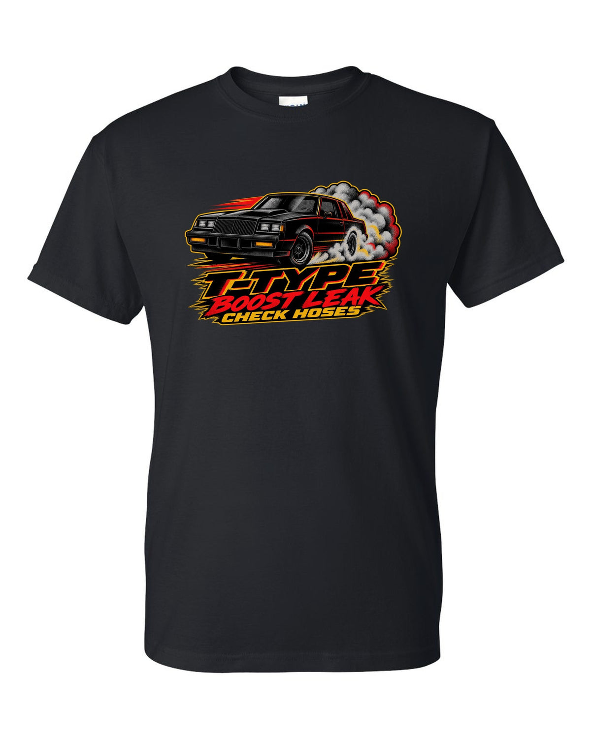 1986 Buick Regal T-Type G-body burnout in halftone screenprint style black t-shirt front view with the design