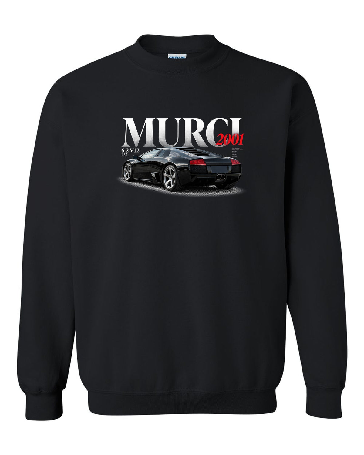 Editorial style print of a Lamborghini Murcielago L537 with 6.2 V12 and 2001 text black crewneck front view with the design