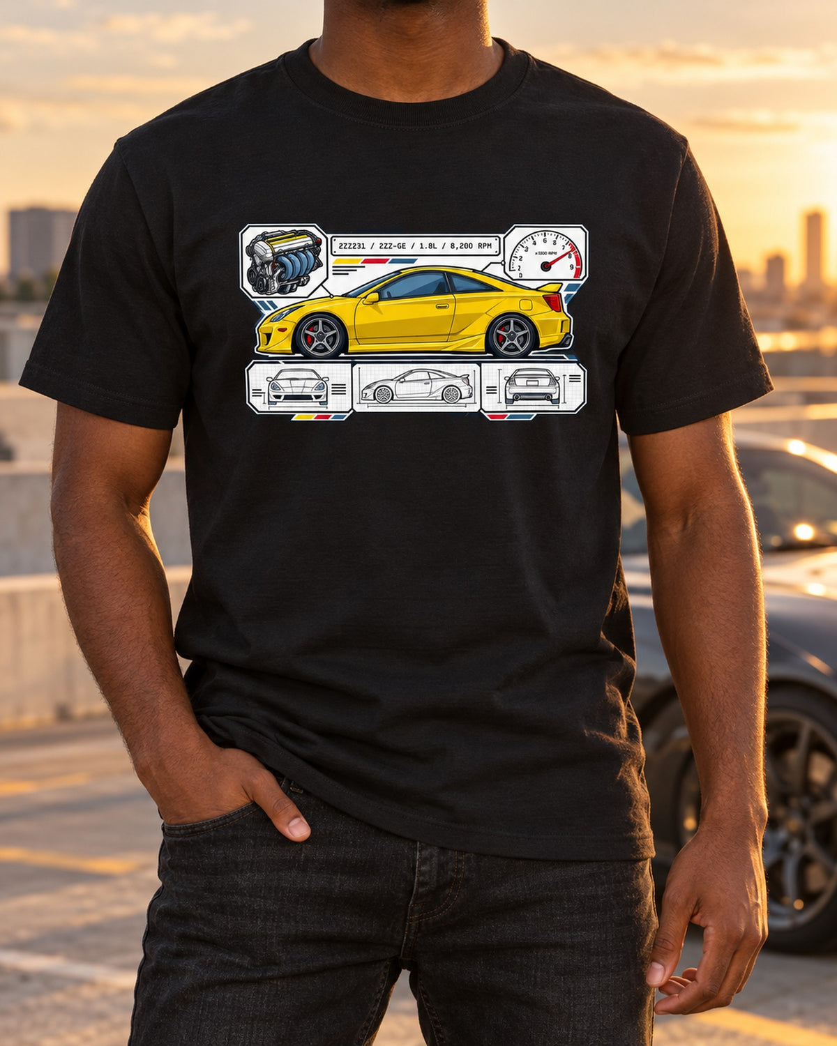 Toyota Celica ZZT231 2ZZ-GE Spec Sheet Data Plate Shirt T-Shirt Black worn hero