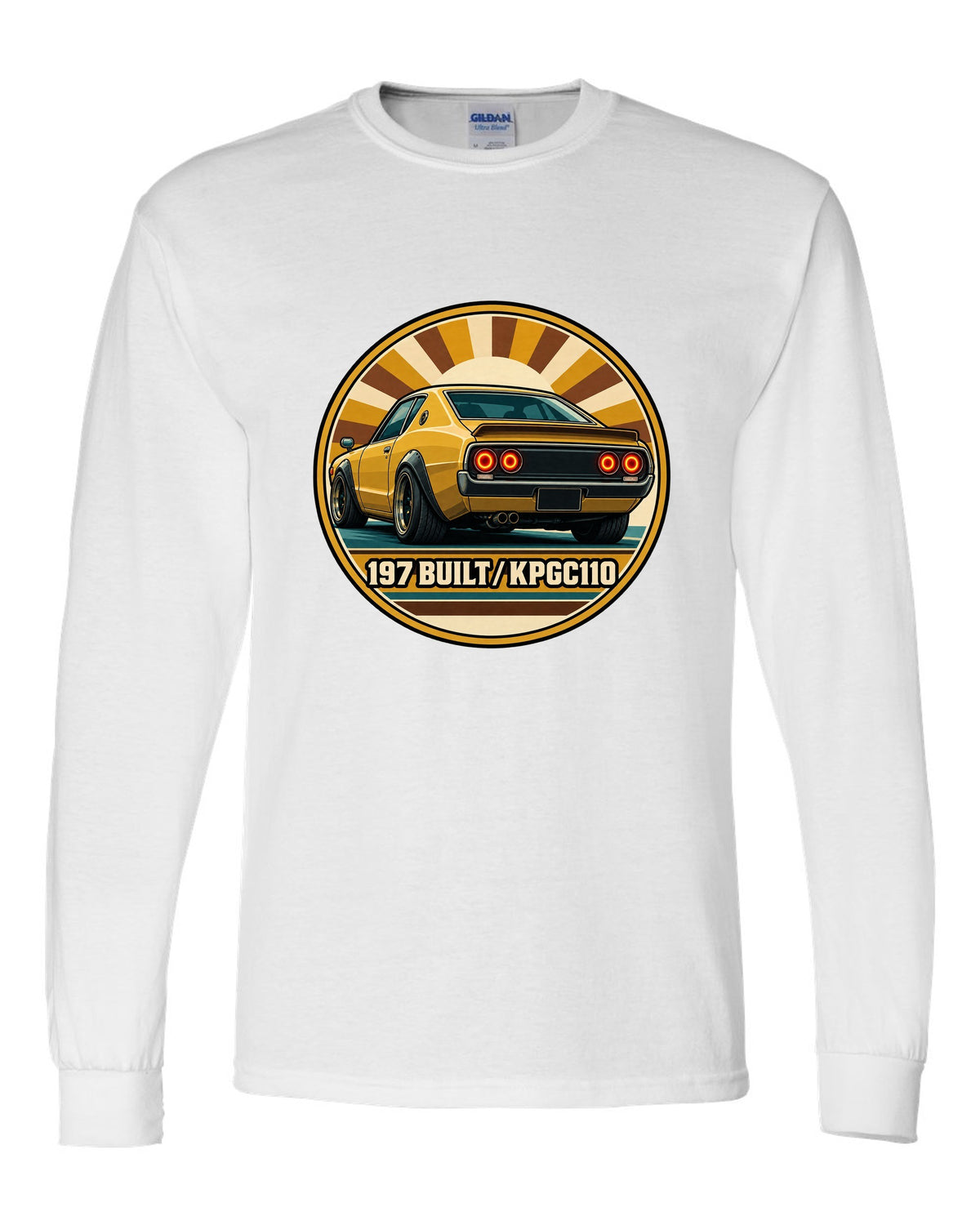 Round crest print for the Skyline Kenmeri KPGC110 with 197 Built lettering white long sleeve front view with the design
