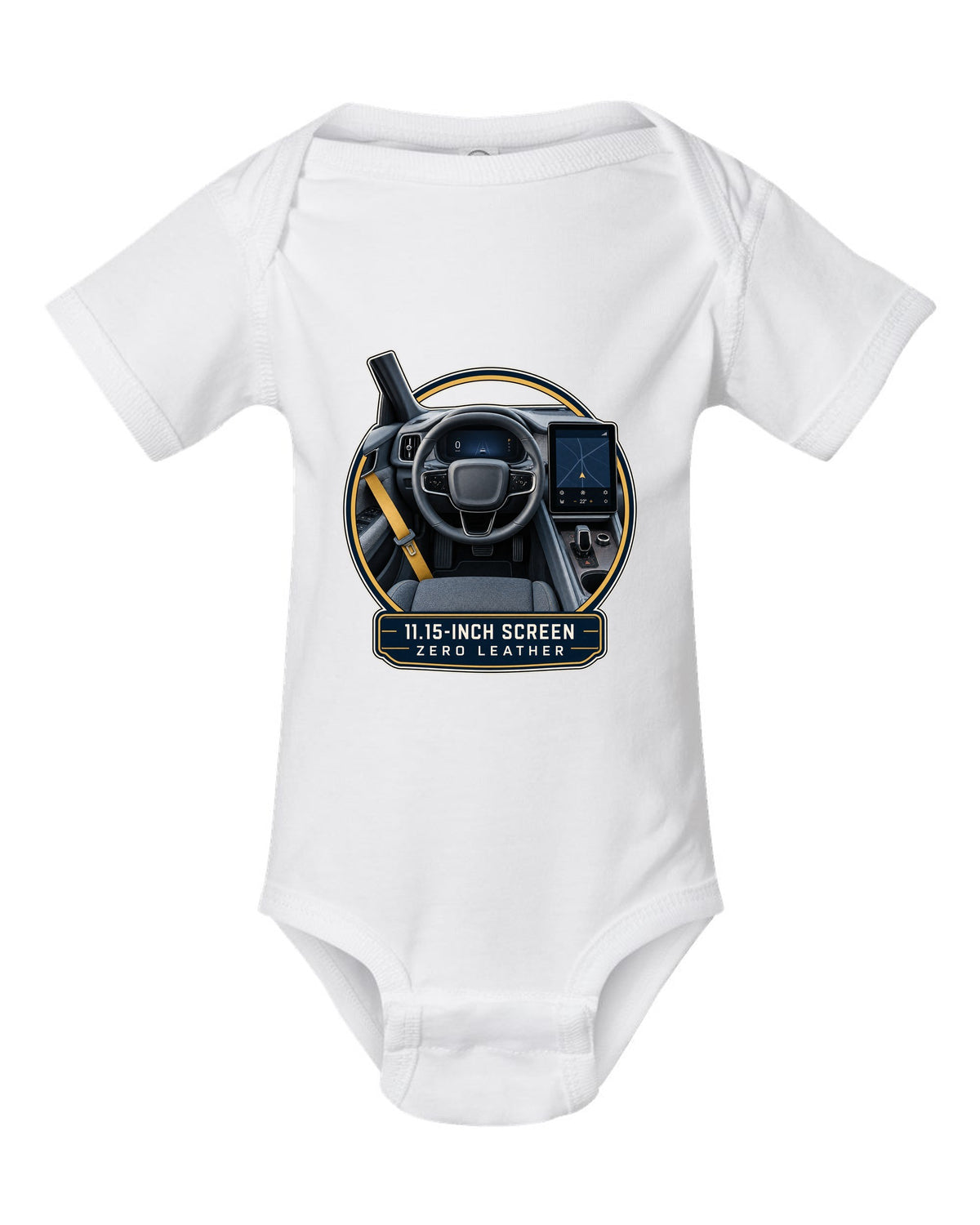 Polestar 2 cockpit with large centre screen, print design white baby onesie front view with the design