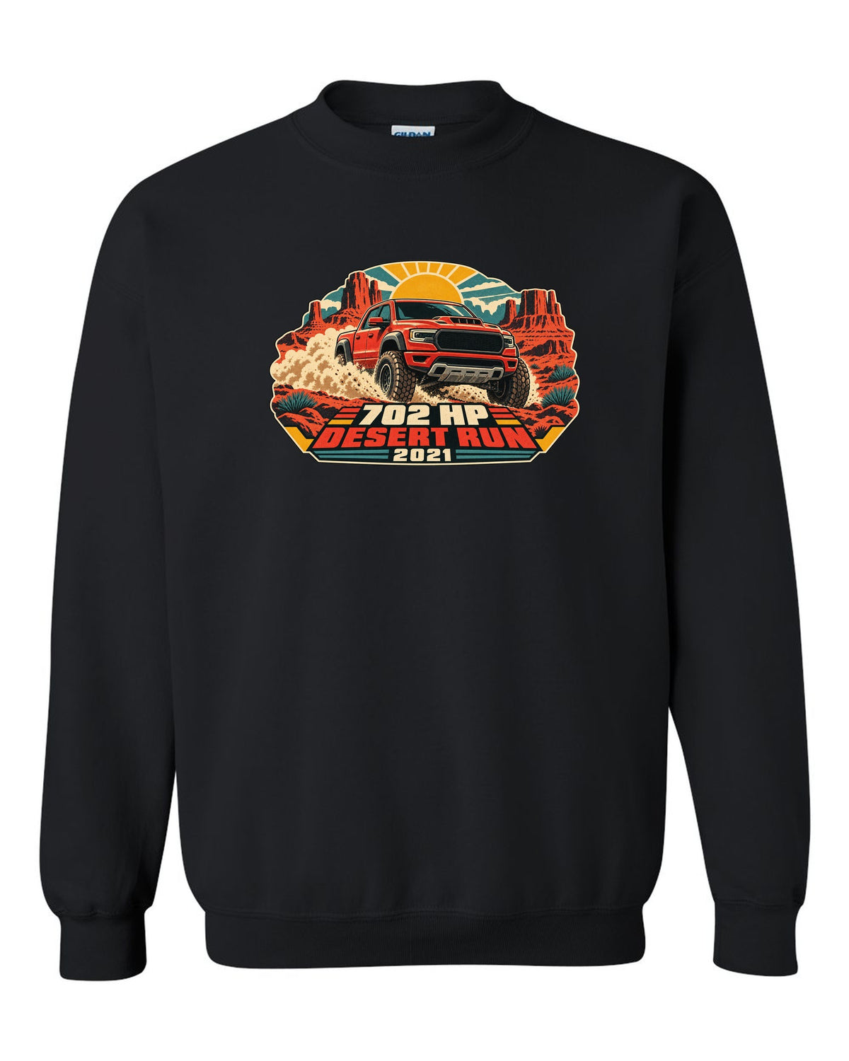 Vintage desert race poster print of a 2021 Ram 1500 TRX with 702 HP text black crewneck front view with the design