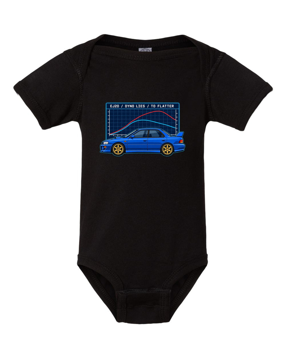 Vintage gauge face illustration pinned at 1.0 bar for a Subaru Impreza 22B STI black baby onesie front view with the design