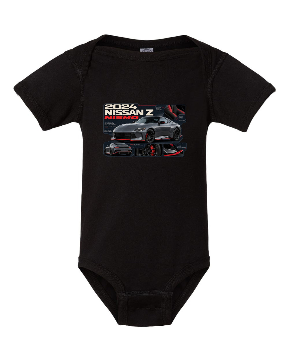 Nissan GT-R50 Italdesign Dossier black baby onesie front view with the design