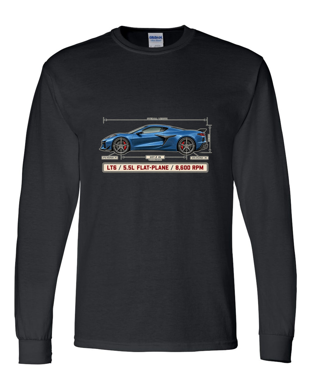 Dimension blueprint print of a Chevrolet Corvette C8 Z06 with LT6 5.5L flat-plane text black long sleeve front view with the design