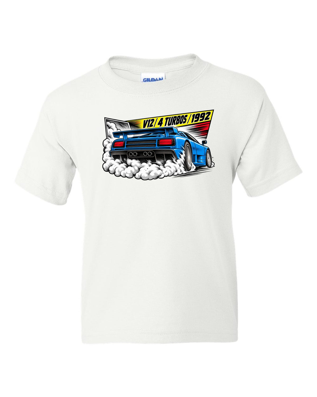Retro manga halftone panel of a Bugatti EB110 SS burnout with V12 4 TURBOS 1992 lettering white kids tee front view with the design