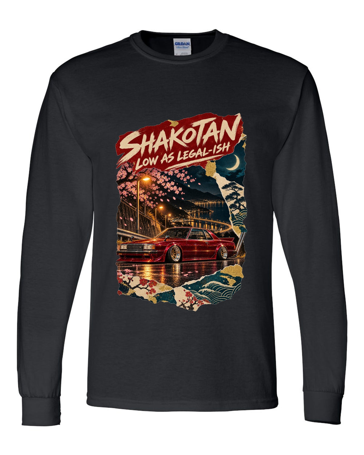 Japanese poster collage of a lowered kaido racer coupe with SHAKOTAN lettering black long sleeve front view with the design