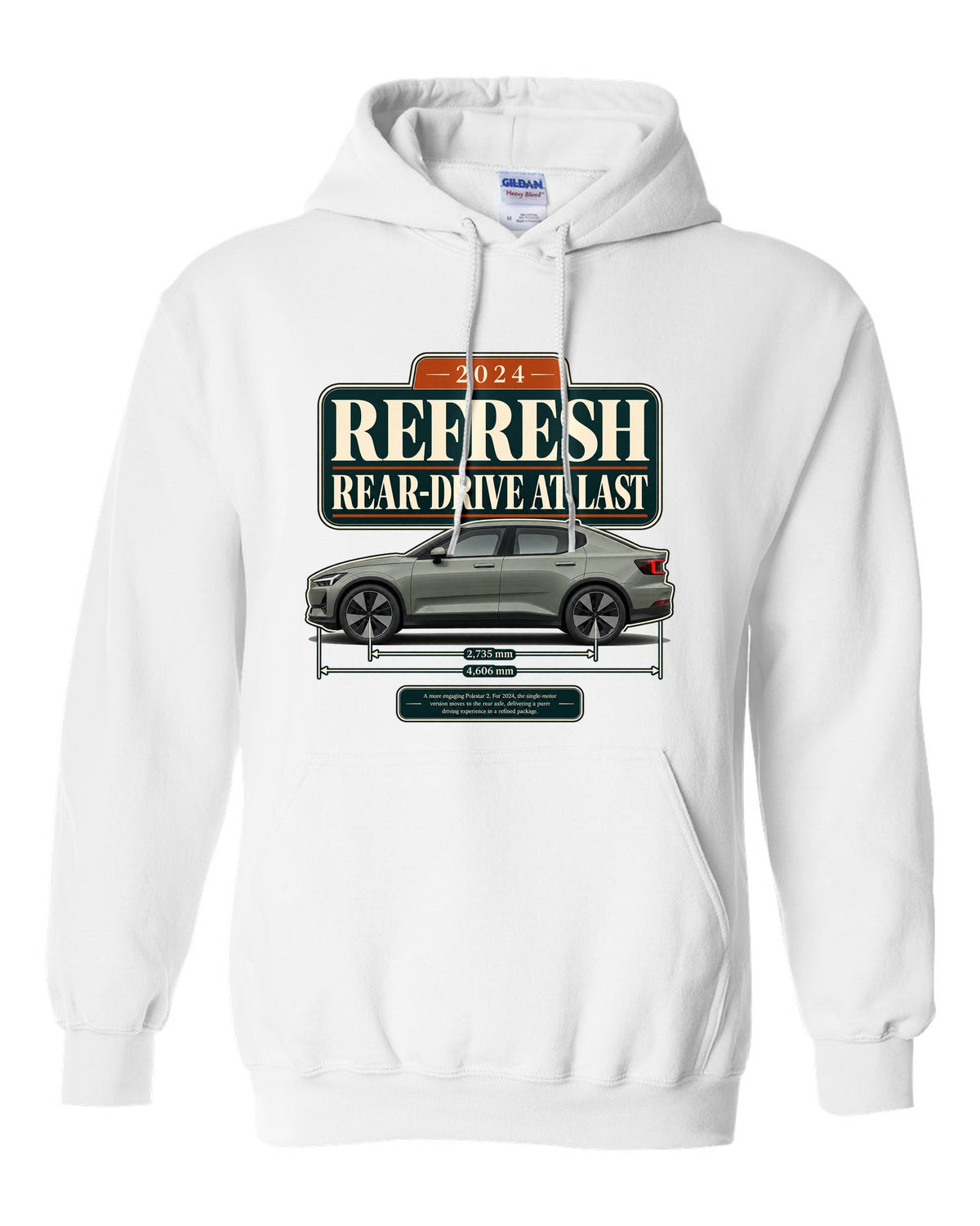 Polestar 2 2024 refresh editorial headline print on a shirt white pull over hoodie front view with the design
