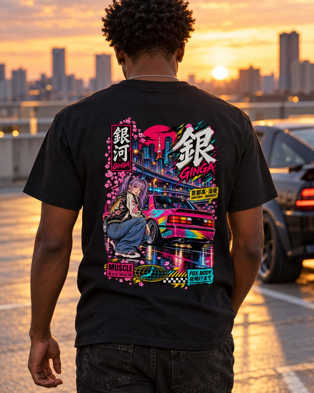 GINGA FOX BODY Anime Girl Full-Back Graphic Tee T-Shirt Black worn hero