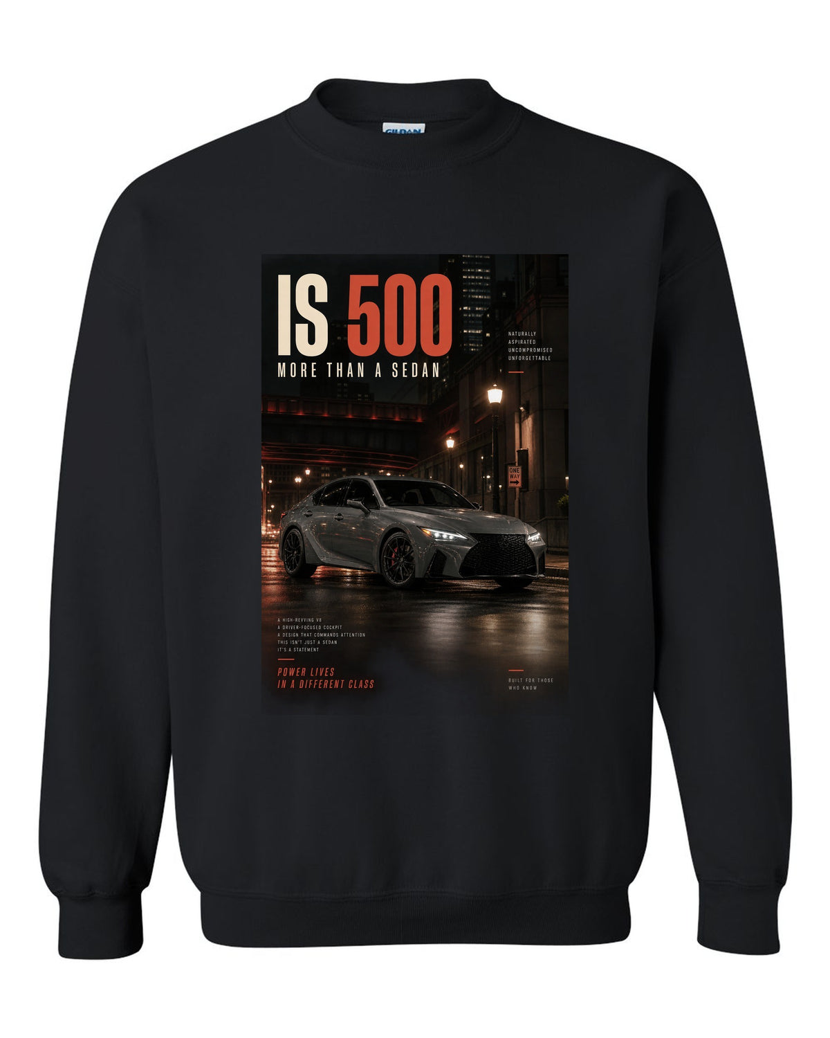 Halftone print of the Lexus IS 500 with 5.0 V8 text black crewneck front view with the design