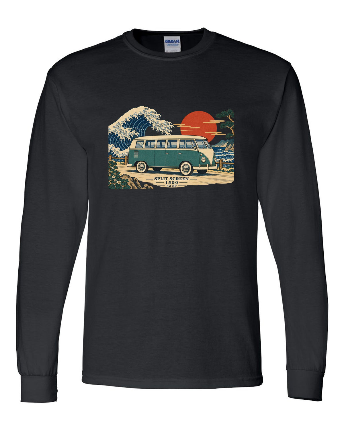 Ukiyo-e woodblock of a 1963 split-window VW Bus T1 with a wave and 42 HP lettering black long sleeve front view with the design