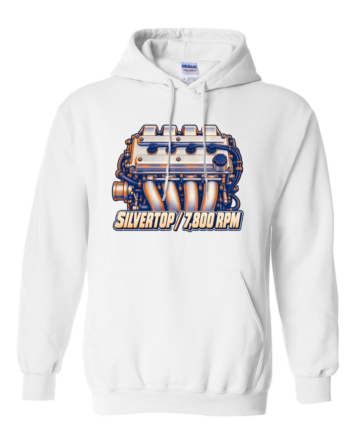 Two-colour risograph macro of the silvertop engine in the Toyota Corolla AE101 white pull over hoodie front view with the design