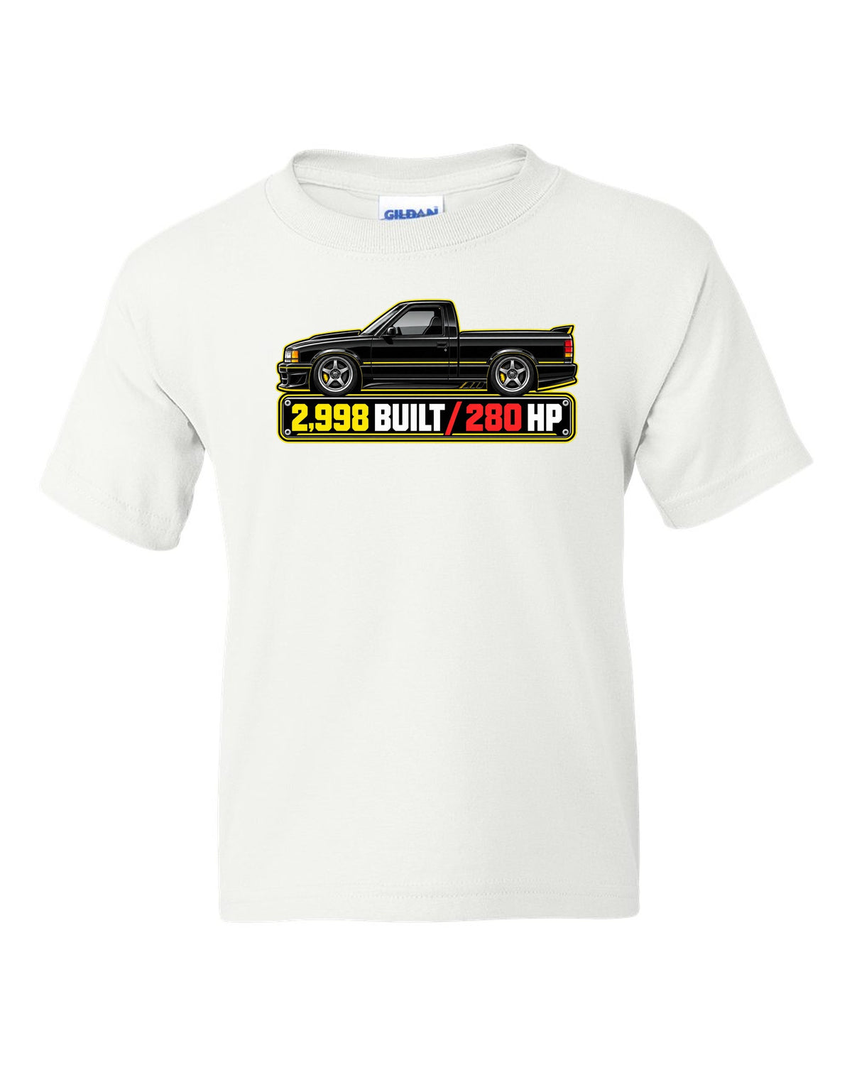 Spec-sheet data plate print of a 1991 GMC Syclone with 2,998 built and 280 HP lettering white kids tee front view with the design