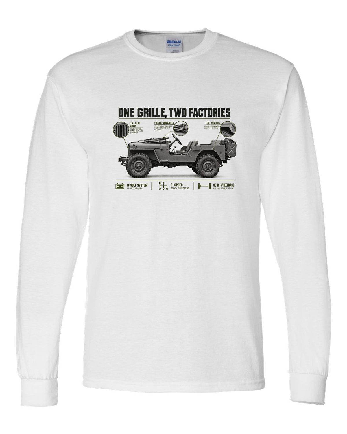 Spec poster print for the Willys MB and Ford GPW, 1941-1945 white long sleeve front view with the design