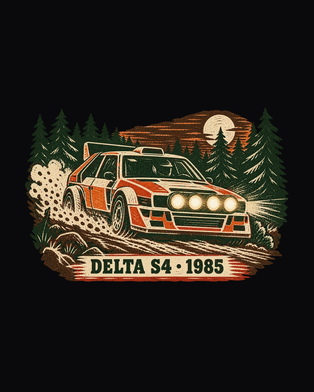 Lancia Delta S4 1985 Forest Stage Multi-Block Linocut Tee design only