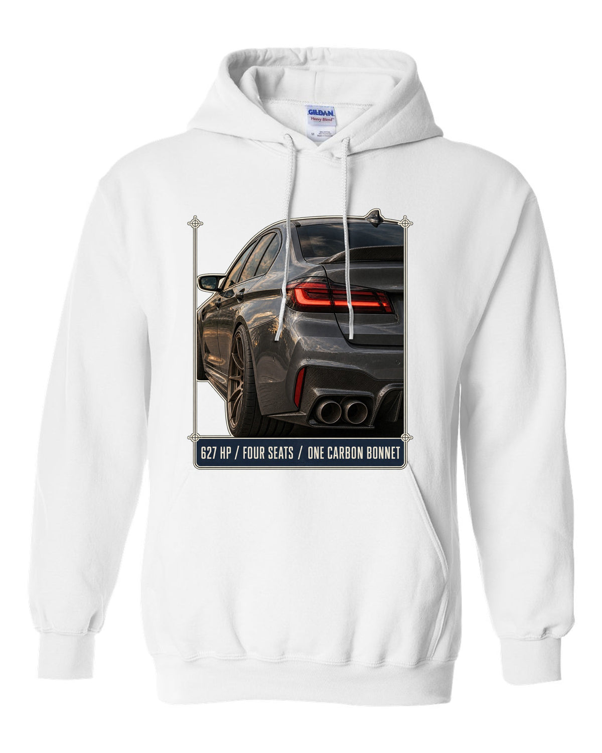 BMW M5 F90 CS taillight macro print with 627 HP, four seats and carbon bonnet text white pull over hoodie front view with the design