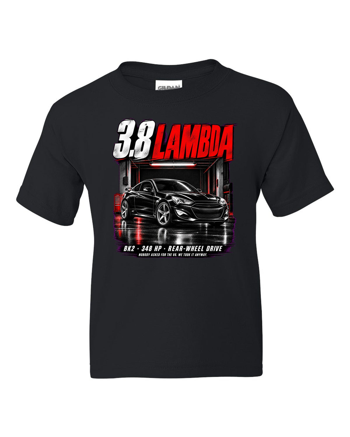 Hyundai Genesis Coupe BK2 3.8 Track in a garage at night with spec text black kids tee front view with the design