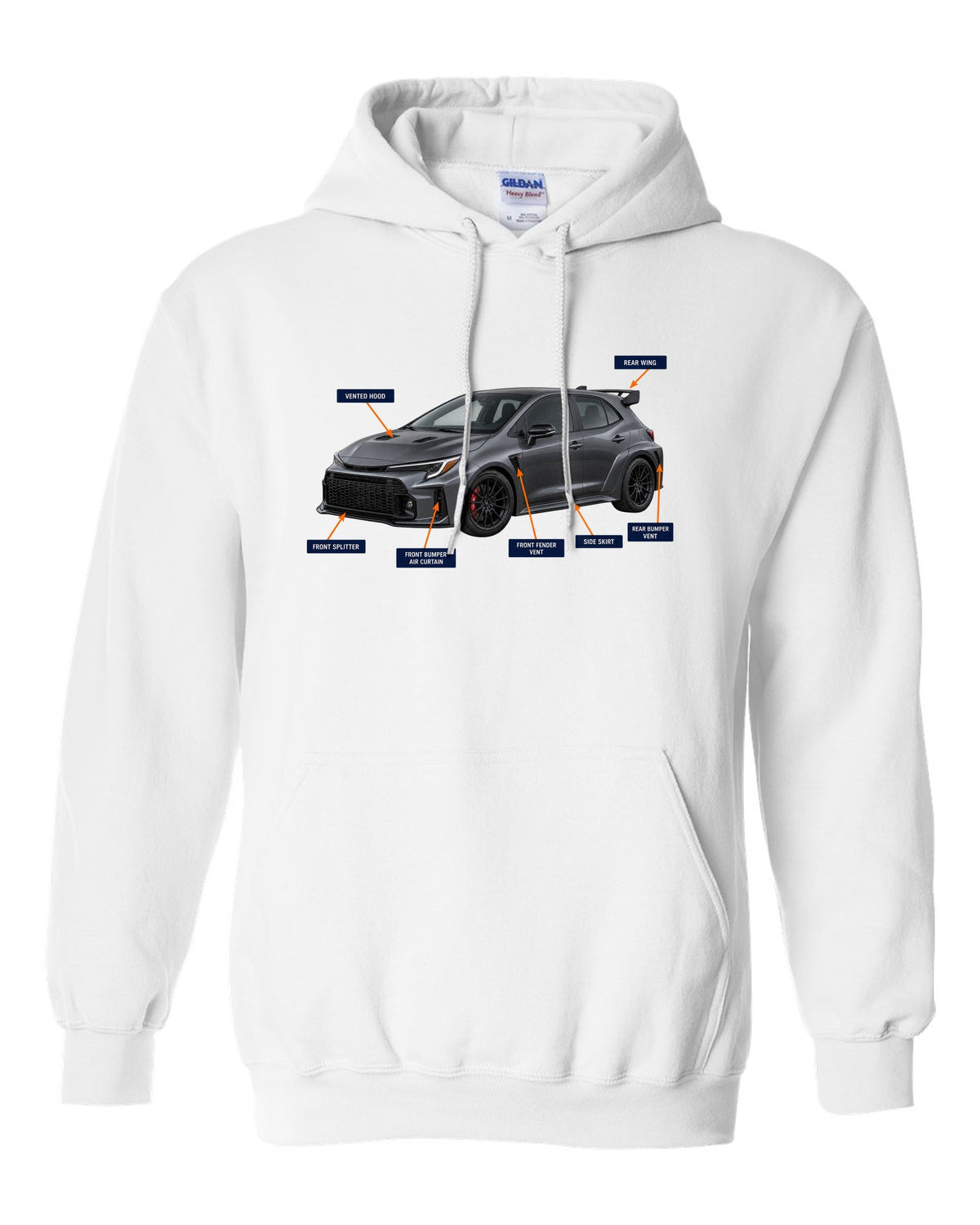 Toyota GR Corolla Circuit Edition chback with aero cutaway callouts and G16E-GTS text white pull over hoodie front view with the design