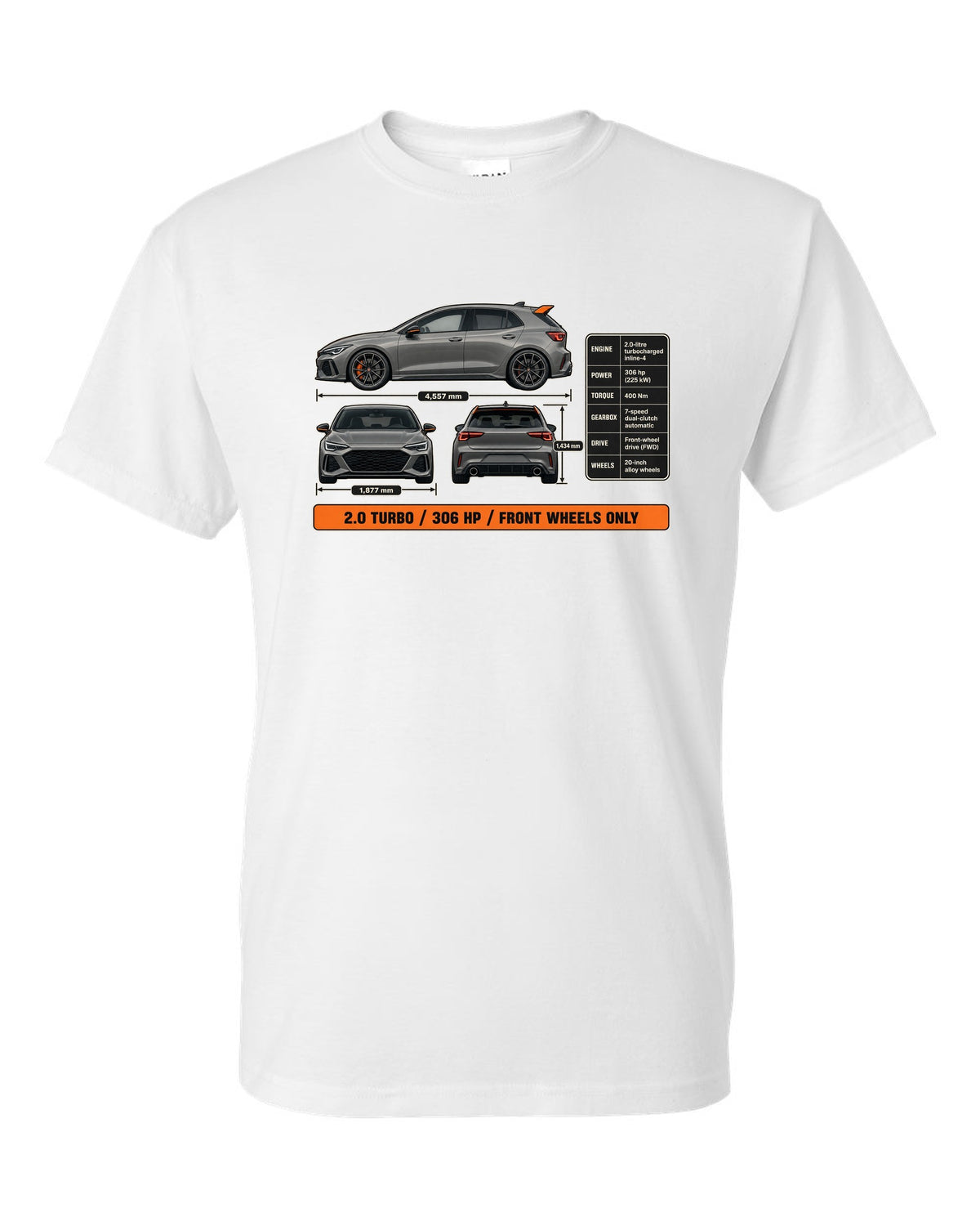 print three-view drawing of a Sonic Grey Honda Civic Type R FK8 white t-shirt front view with the design