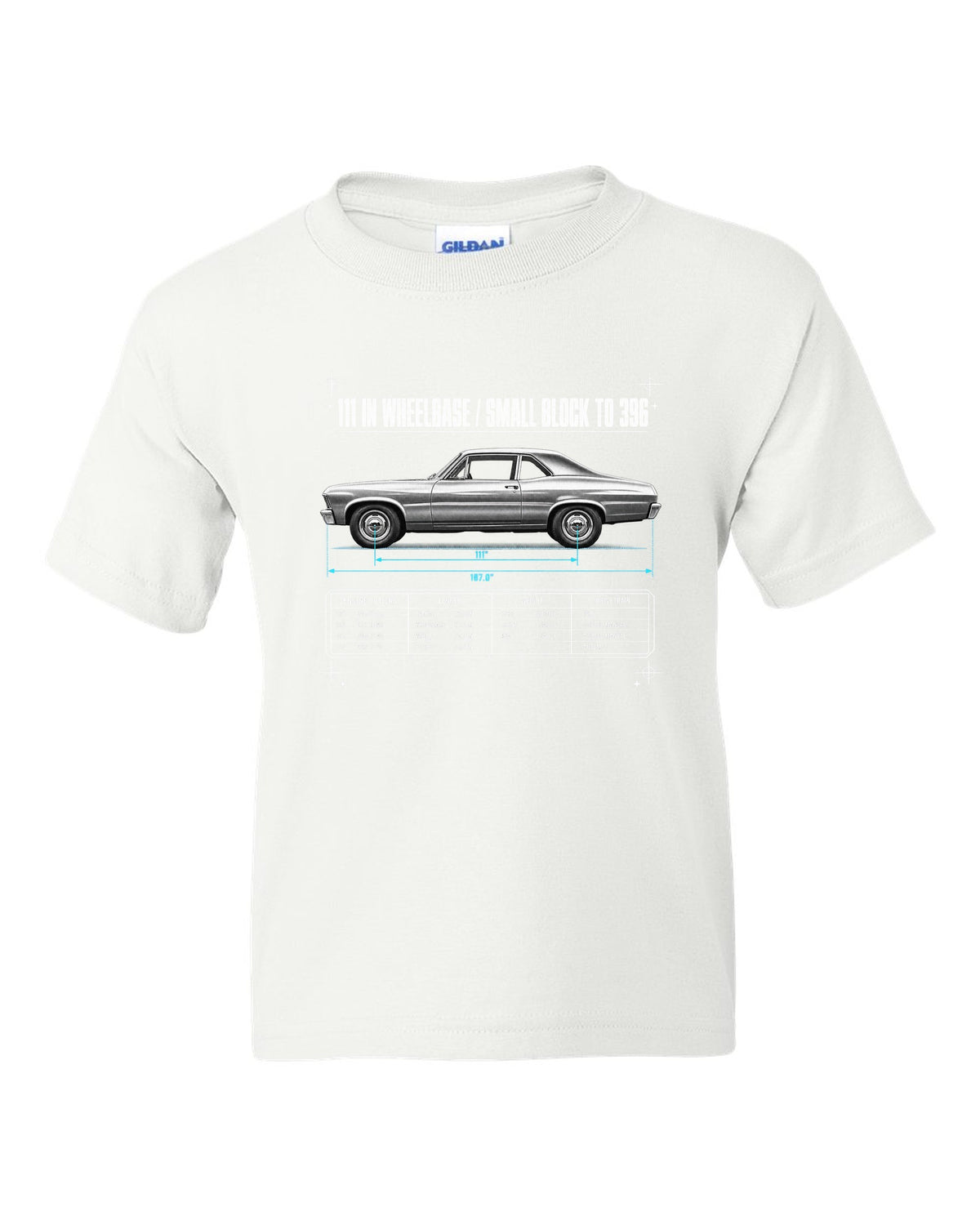 1968 Nova X-Body Spec Poster white kids tee front view with the design