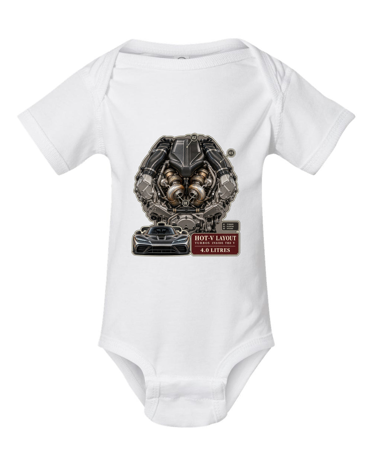 Mercedes-AMG GT 63 M178 4.0 litre biturbo V8 engine illustration white baby onesie front view with the design