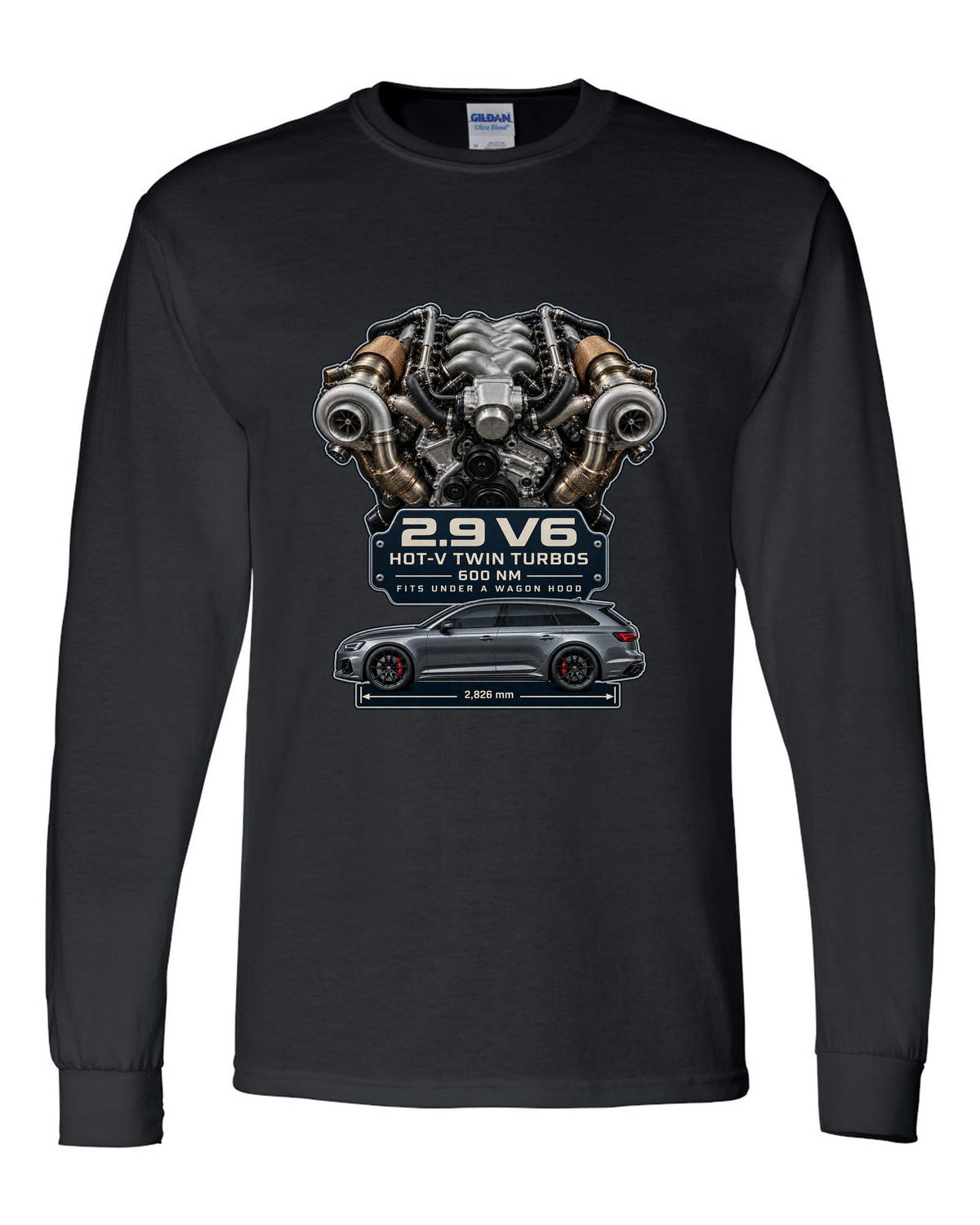Audi RS4 B9 2.9 TFSI hot-V twin-turbo V6 engine graphic print black long sleeve front view with the design