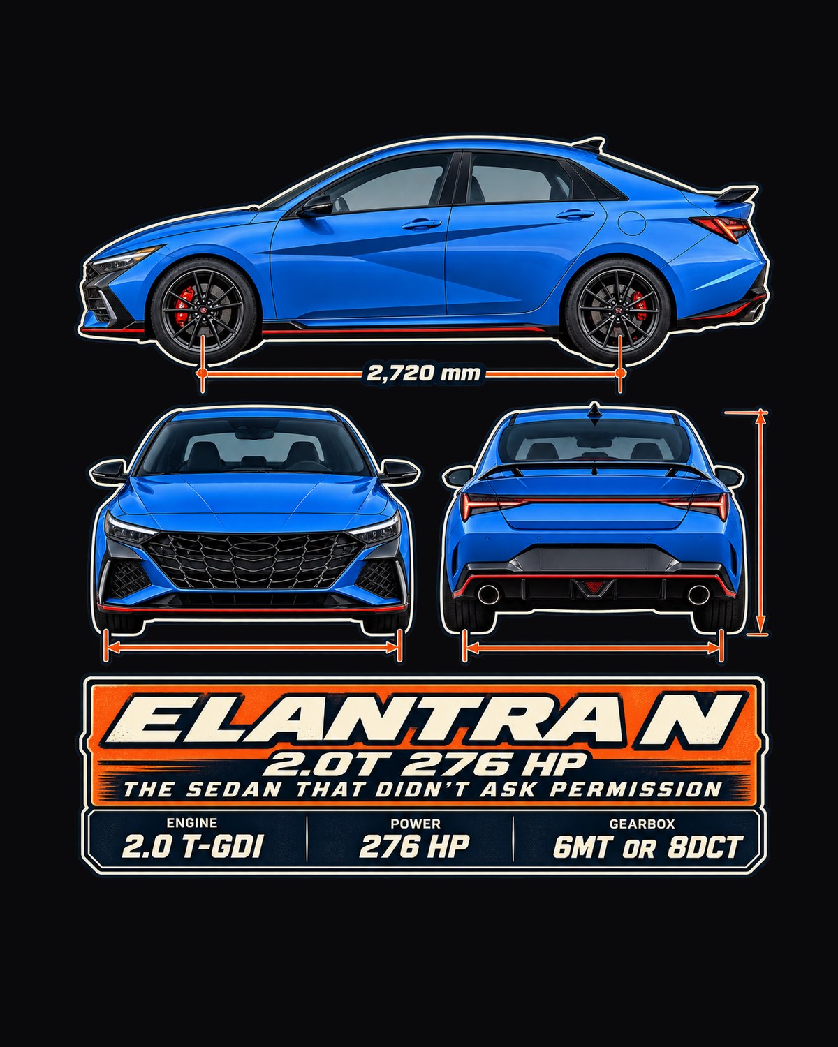 Hyundai Elantra N CN7 Three-View Spec Shirt, 276 HP Sedan design only