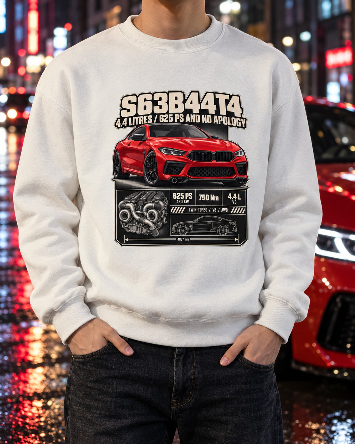 BMW M8 Competition F92 S63 Spec Poster Shirt Crewneck White worn hero